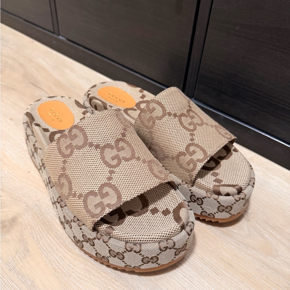 Gucci Beige Canvas GG Platform Slide Sandals